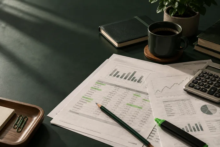 Mesa de trabalho com documentos e calculadora para análise fundamentalista